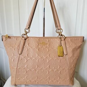 Coach Ava Nude Pink-Tan Signature Embossed Leather Tote with Gold Hardware